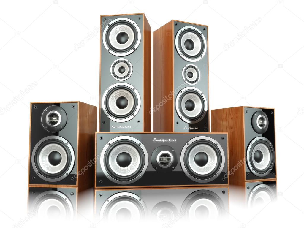 Group of audio speakers. Loudspeakers isolated on white.