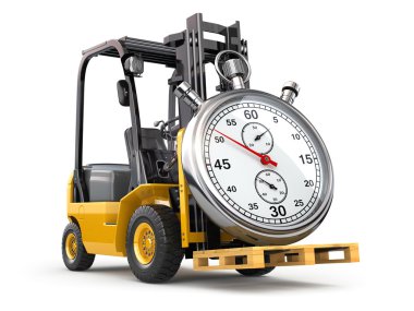Kronometre ile forklift kamyon. Ekspres teslimat kavramı.