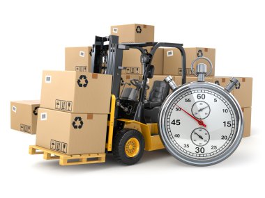 Kutuları ve kronometre ile forklift kamyon. Teslimat conce hızlı