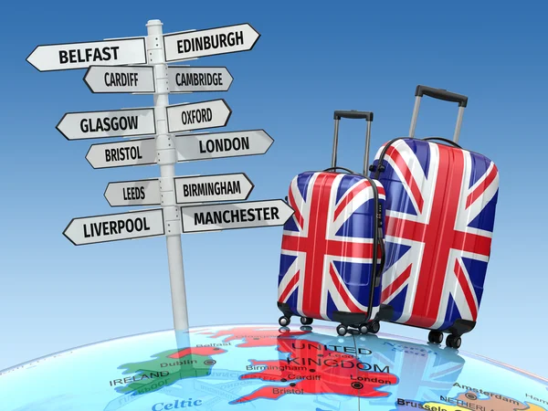 Travel concept. Suitcases and signpost what to visit in UK. — Stock Photo, Image