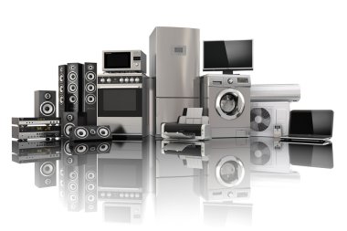 Home appliances. Gas cooker, tv cinema, refrigerator air conditi clipart