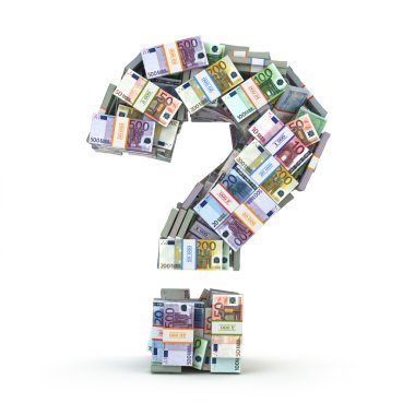 Soru işareti üzerinde beyaz izole Euro paketleri.