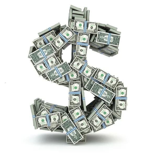 Σύμβολο του δολαρίου από χρήματα πακέτα που απομονώνονται σε λευκό. — Φωτογραφία Αρχείου
