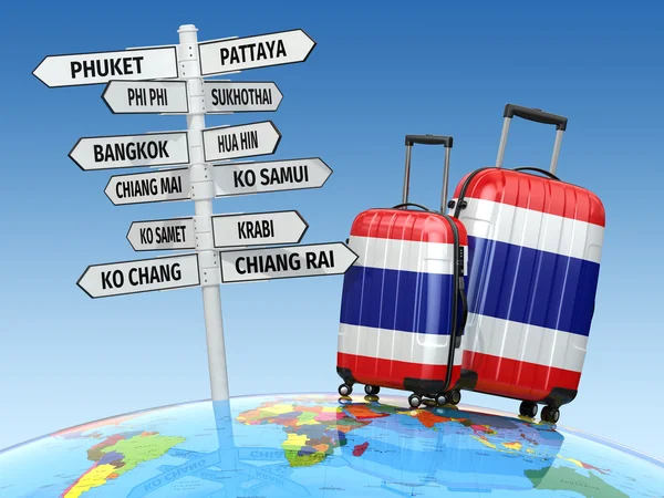 Concept de voyage. Valises et panneaux de signalisation à visiter en Thaïlande — Photo