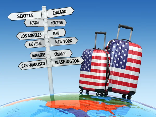 Conceito de viagem. Malas e sinalização o que visitar nos EUA — Fotografia de Stock