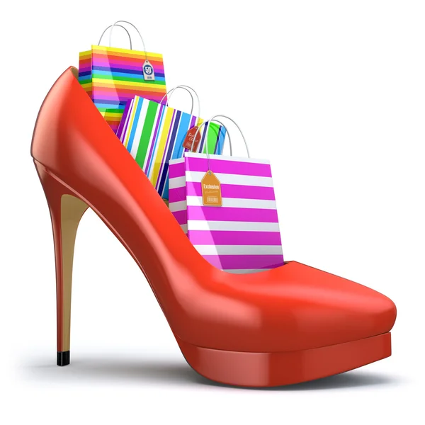 在妇女高鞋跟鞋的购物袋。消费主义的概念. — 图库照片