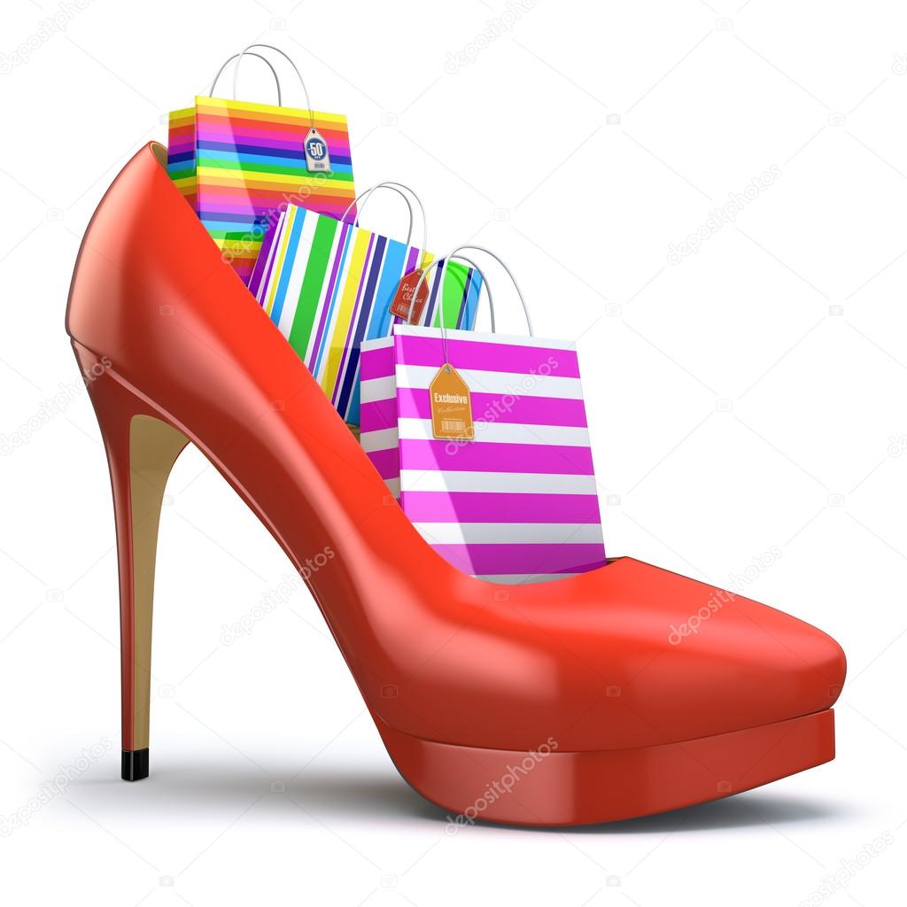 Shopping bags in women high heel shoes. Concept of consumerism.