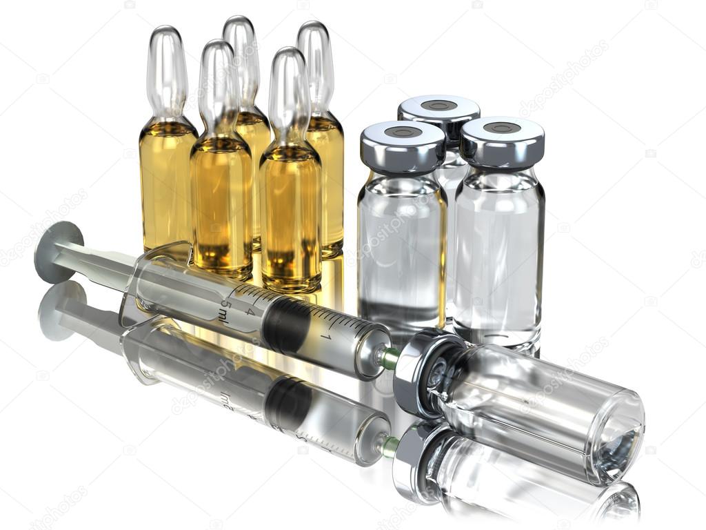 Medicine concept. Syringe and ampoules or vials isolated on whit