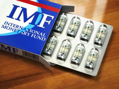Concept of IMF tranches. Pack of dollars as pills in blister pac clipart