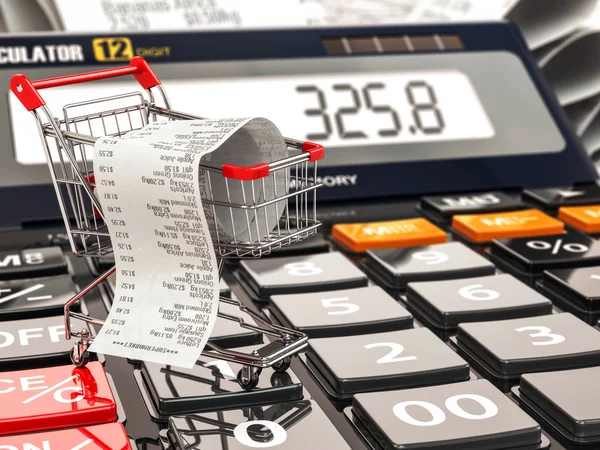 Shopping cart on calculator and receipt. Home budget or consumer — Stock Photo, Image