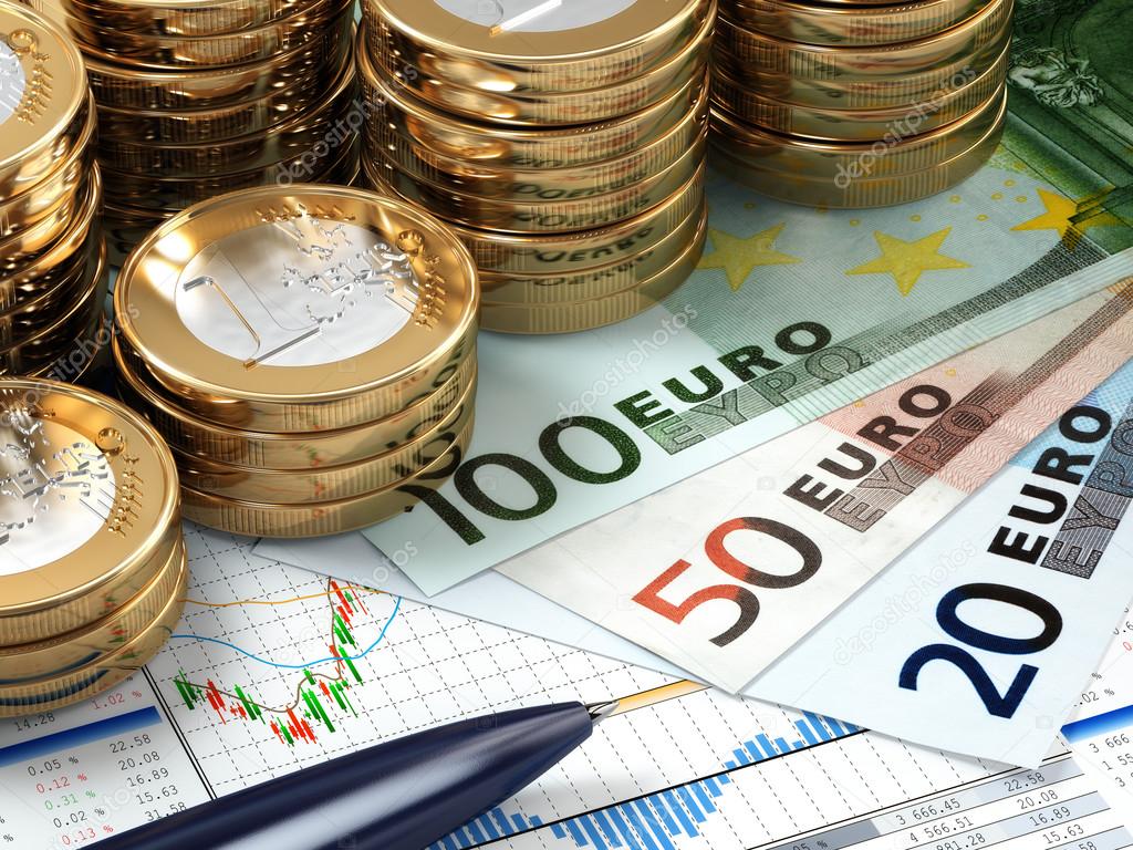 Financial stock market concept. Euro banknotes and coins.