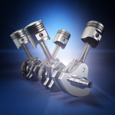 V4 motor piston ve siyah arka plan üzerine cog.