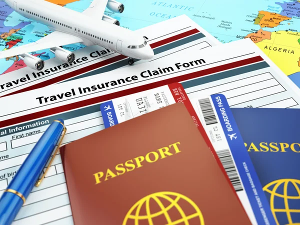 Travel insurance application form, passport and airplane on the — Stock Photo, Image