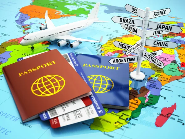 Perjalanan atau konsep pariwisata. Paspor, pesawat, tiket pesawat dan de Stok Lukisan  