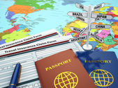 Travel insurance application form, passport and sign of destinat