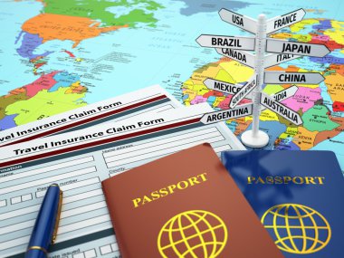 Travel insurance application form, passport and sign of destinat clipart