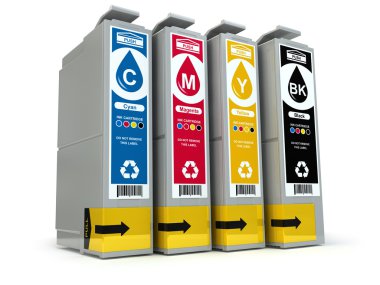 Cmyk mürekkep püskürtmeli yazıcı kartuşları üzerinde beyaz izole