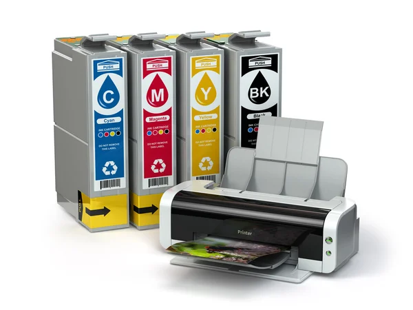 Inkjet Cmyk cartridges en printer geïsoleerd op wit — Stockfoto