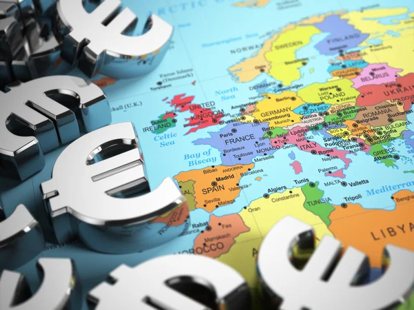 Euro ondertekenen op de wereld kaart achtergrond met Dof ingang. — Stockfoto