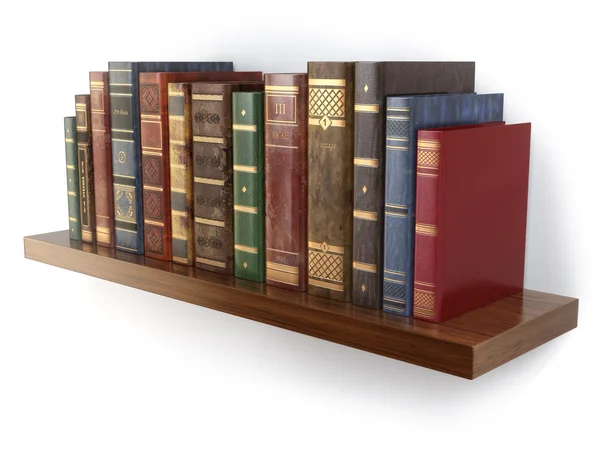 Alte Bücher im Regal isoliert auf weiß. — Stockfoto