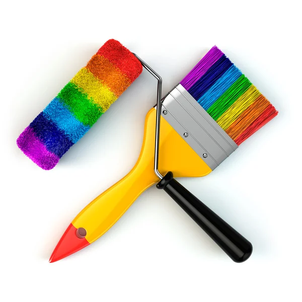 Concepto de herramientas de renovación. Pintura de pincel y rodillo en arco iris colo — Foto de Stock