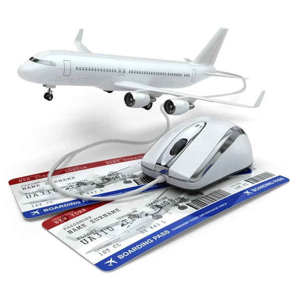 온라인 예약 또는 여행 개념. 컴퓨터 마우스, 항공사 — 스톡 사진