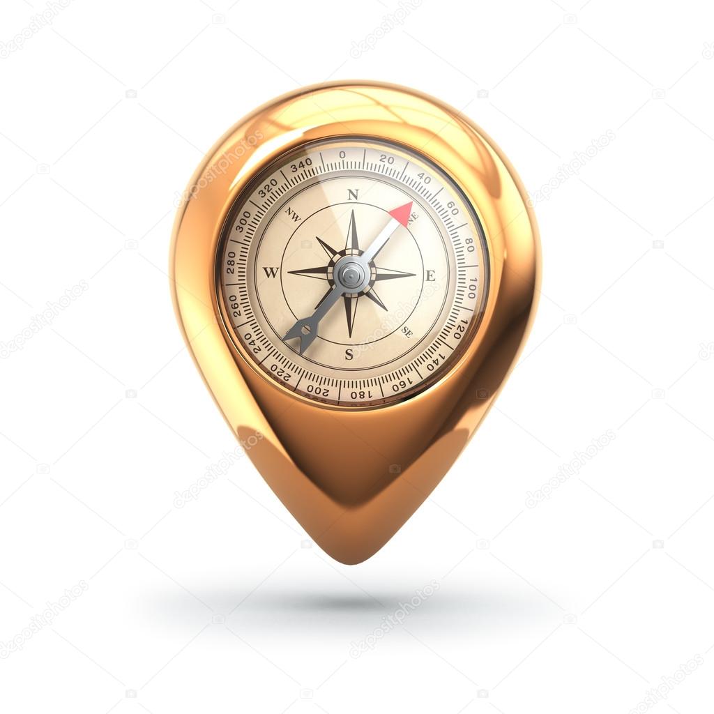 Navigation concept. Pin with compass isolated on white.