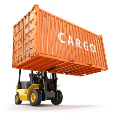 Kargo konteyner kutusuyla ilgilenen bir forklift..