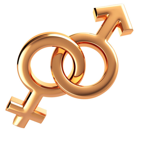 Золотые мужские и женские знаки изолированы на белом. Марс и Венера
.