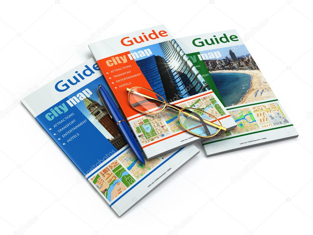 Travel guide books on white isolated background.