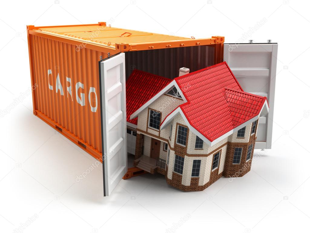 Moving house. Home and cargo shipping container isolated on whit