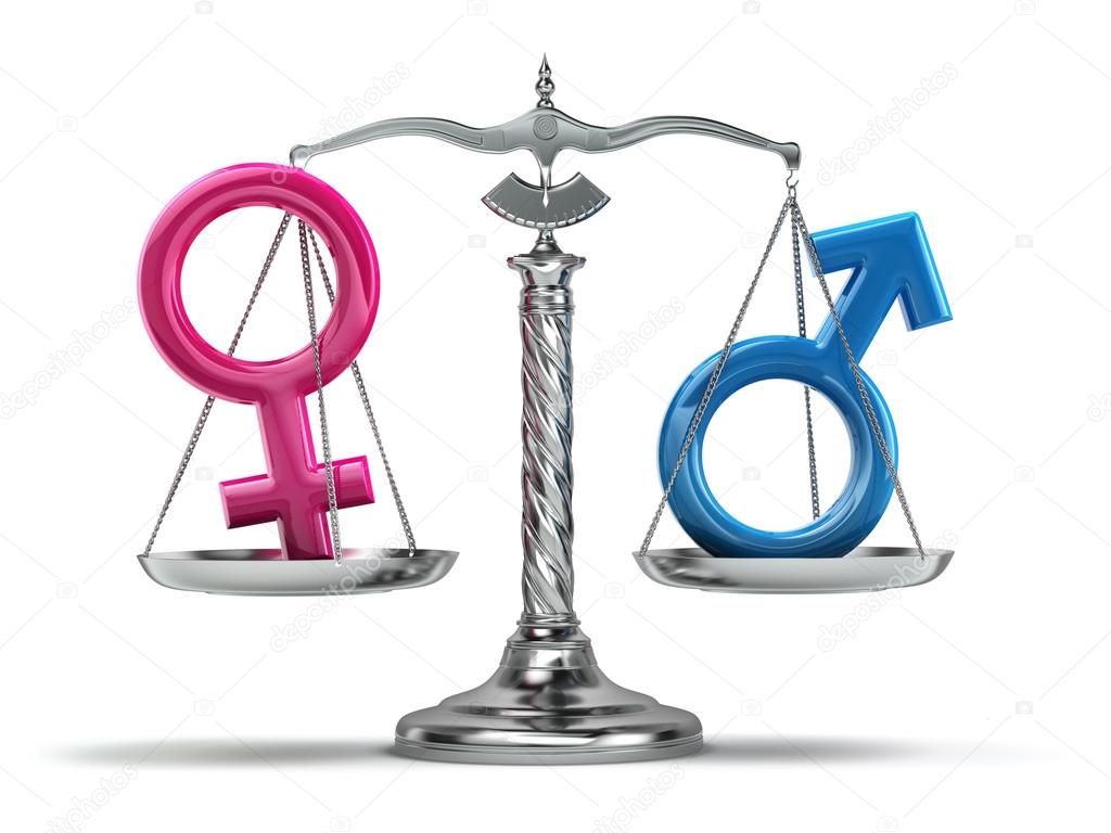 Gender concept. Male and female signs on the scales iso Stock Photo by 76553681