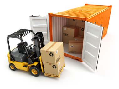Kargo konteyner kutusuyla ilgilenen bir forklift..