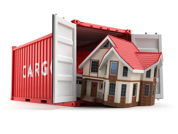 Moving house. Home and cargo shipping container isolated on whit — Zdjęcie stockowe