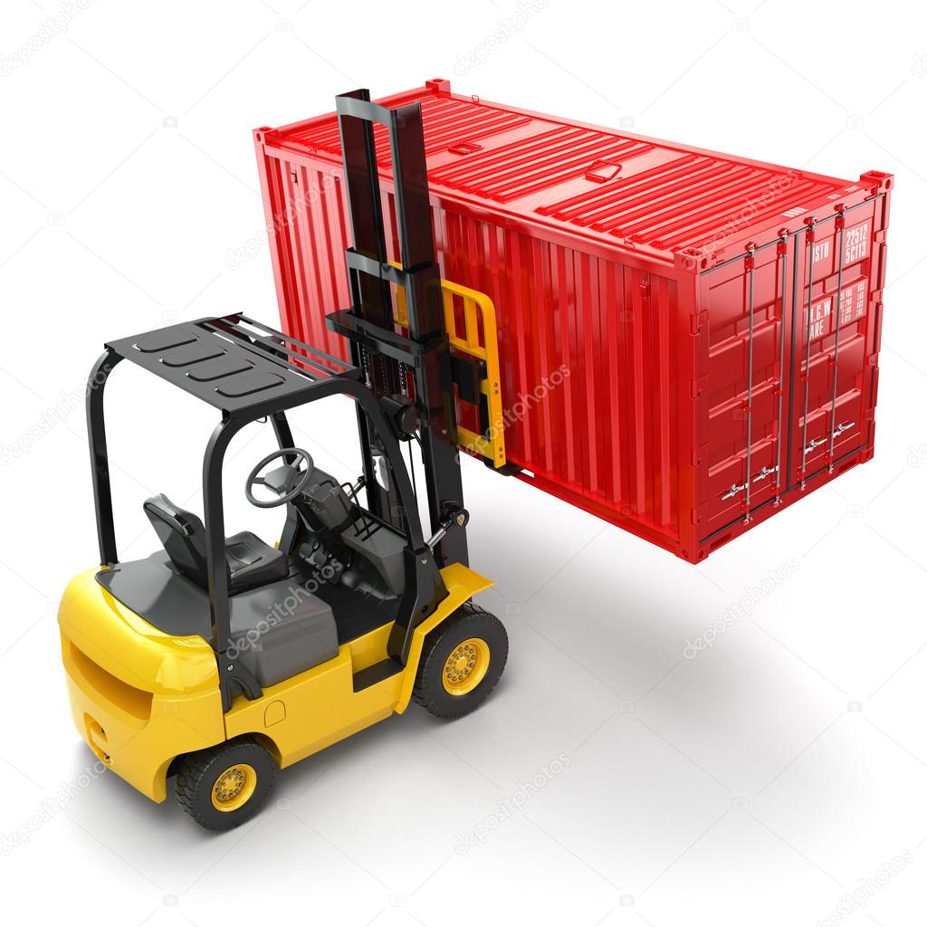Forklift handling the cargo shipping container box.