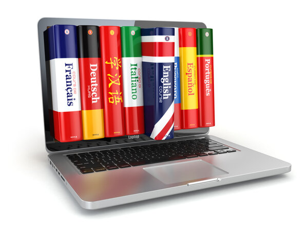 E-learning. Learning languages online. Dictionaries and laptop.