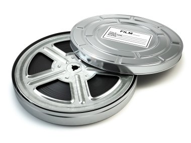 Film makaraları ve kutusu. Video, Film, sinema vintage kavramı.