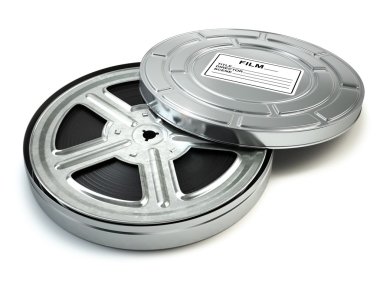 Film reel and box. Video, movie, cinema vintage concept. clipart