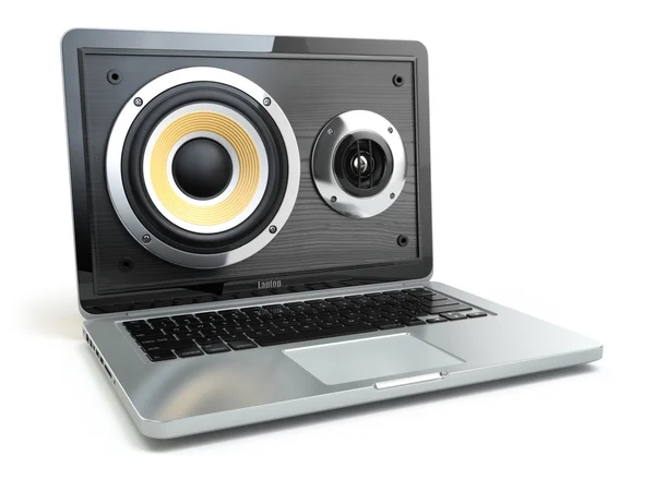 Digitális hang- vagy zenei szoftver fogalma. Laptop és hangszóró. — Stock Fotó