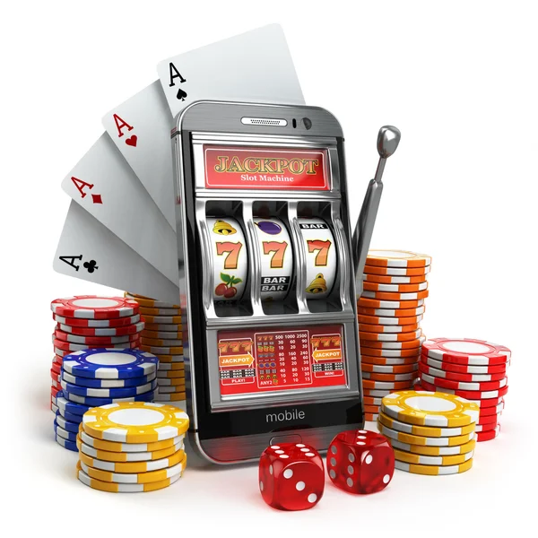 Online casino concept. Mobiele telefoon, slotmachine, dobbelstenen en kaart — Stockfoto