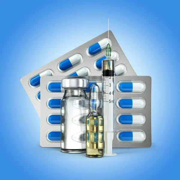 Concept of madicine. Pills, vial, ampoule and syringe on blue ba — Stock Photo, Image