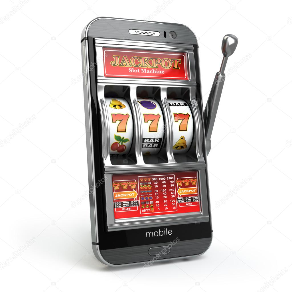 Online casino concept. Mobile phone and slot machine with jackpo