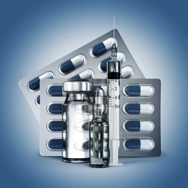 Concept of madicine. Pills, vial, ampoule and syringe on blue ba — Stock Photo, Image