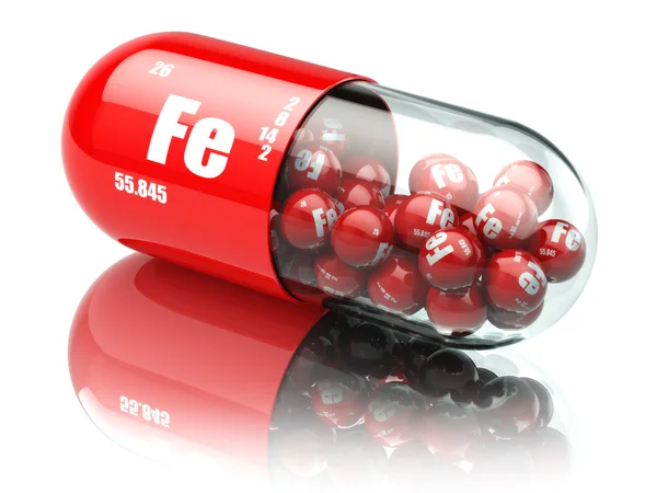 Pills with iron FE element Dietary supplements. Vitamin capsules — Stock Photo, Image