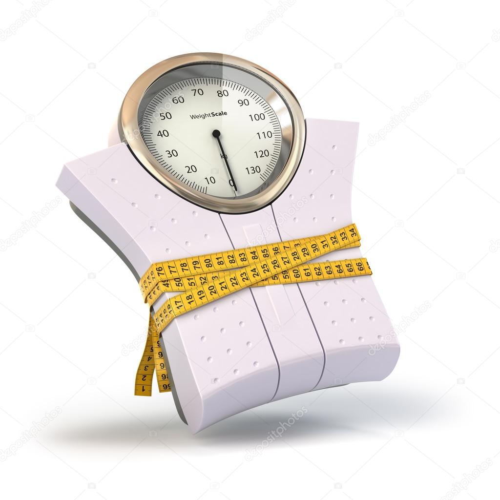 Weighting scales with  measuring tape. Diet concept.