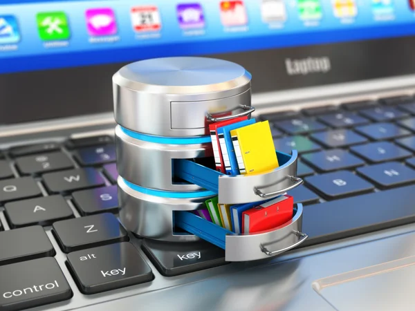 Veritabanı depolama kavramı. Sabit disk simgesi ile ağıl üstünde laptop