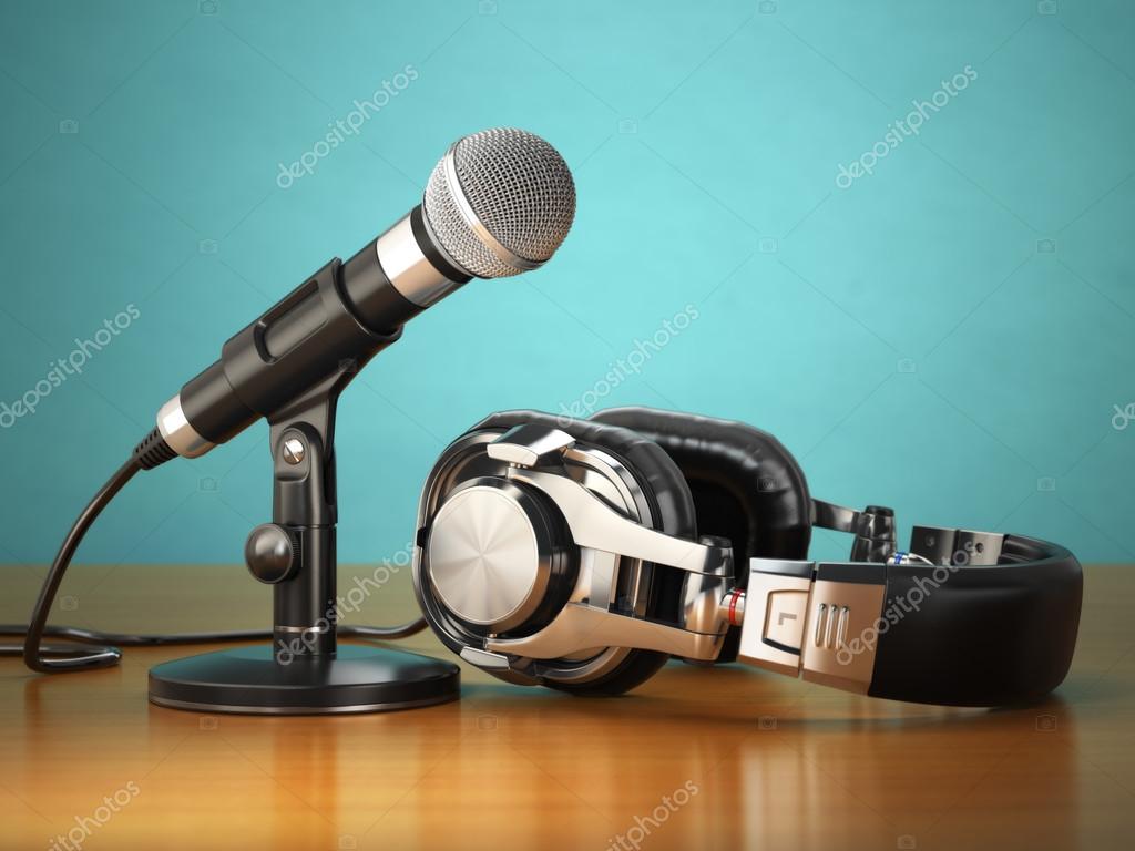 Studio Microphone, Headphone. Old Vintage Radio, Karaoke or