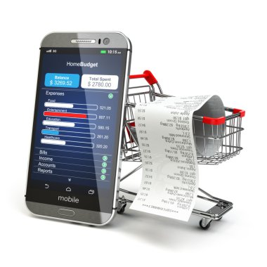 Mobil ev bütçe uygulama kavramı. Alışveriş ile Smartphone