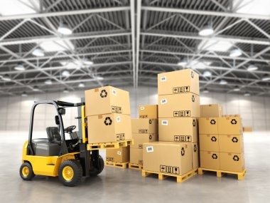 Forklift kamyon ambar veya karton kutular yükleme depolama.