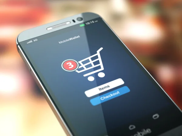 Concetto di shopping online. Cellulare o smartphone con carrello acceso — Foto Stock